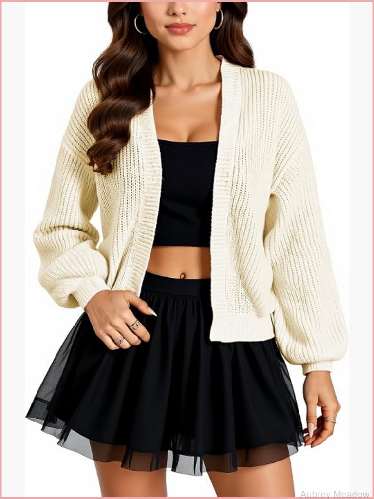 Open Front Knit Cardigan Long Sleeve Chunky Loose Crop Top